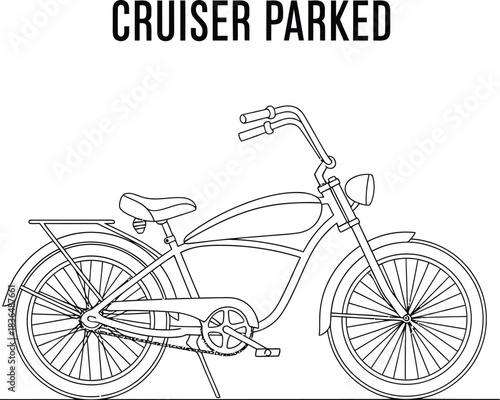 Minimalist line drawing of a parked cruiser bicycle on a white background design