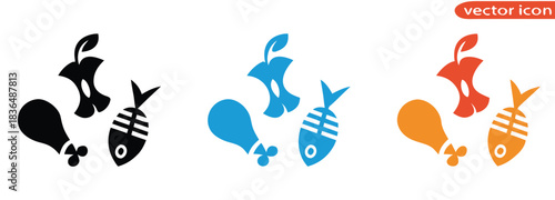 Discarded food waste icons showing apple core, fish bone, and chicken leg,Food waste vector icon illustration.
