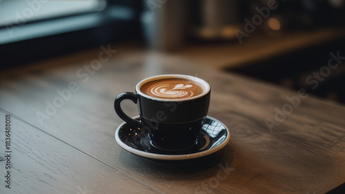Hot latte with soft steam on dark wooden café table. Minimal coffee scene with warm light and rich crema. Fresh brewed latte in cozy modern coffee shop