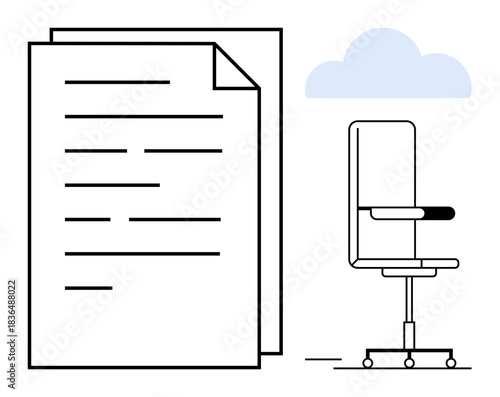 Office management, remote work, cloud storage, digital organization, productivity tools, professional workspace. A minimalist office chair, documents and cloud icon. Office management and remote