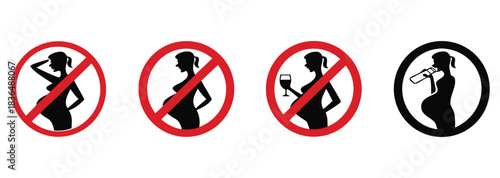 Crucial health warnings for pregnant women featuring prohibition signs for unhealthy activities like drinking alcohol and general health advice
