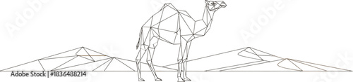 Geometric camel standing in a desert landscape under a clear blue sky design