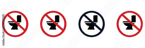 Clear prohibition signs featuring a toilet silhouette in red and black circles, universally signifying 'no toilet' or 'out of order' notifications for essential public guidance.
