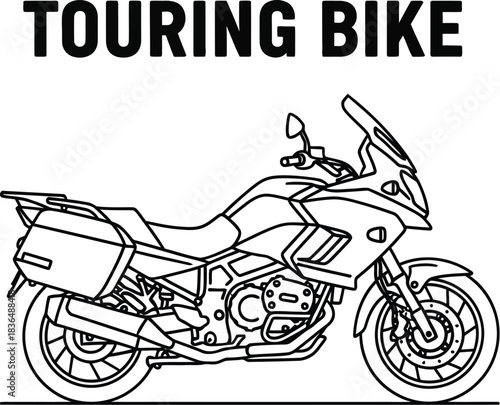 Detailed line art of a touring motorcycle perfect for adventure and travel use