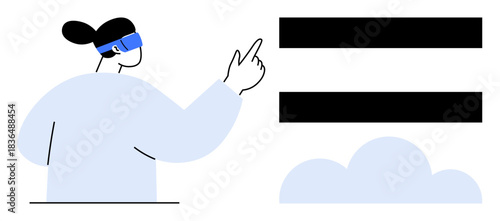 Individual wearing VR headset engaging with virtual menu bars. Ideal for innovation, technology, future, cloud computing, virtual reality, user interaction, simple flat metaphor