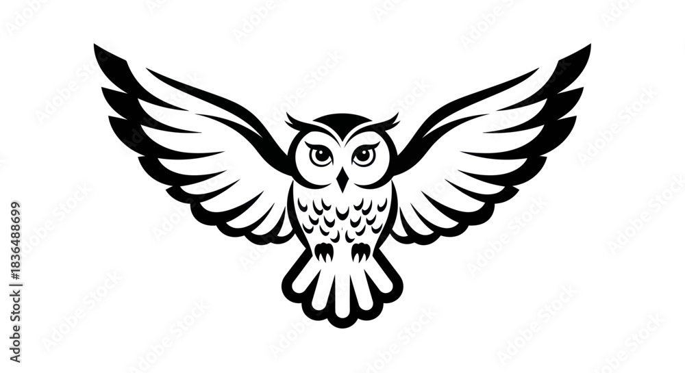 Obraz premium Black and white owl illustration with wings extended on white background