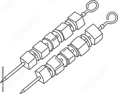 Two monochrome skewers with cubed food ready for grilling and barbecue time