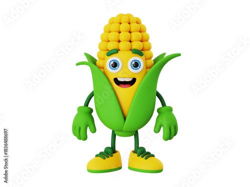 Cheerful 3d cartoon corn character with green husks and yellow shoes