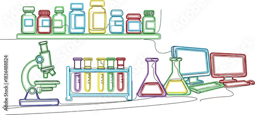 Colorful science lab equipment illustration with continuous line drawing style