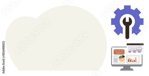 Cloud backdrop with gear and wrench for settings and tools, monitor showcasing data analytics. Ideal for technology, cloud computing, configuration, analytics, business, development, automation