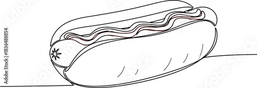 Delicious hotdog with mustard and ketchup in a minimalist line art style