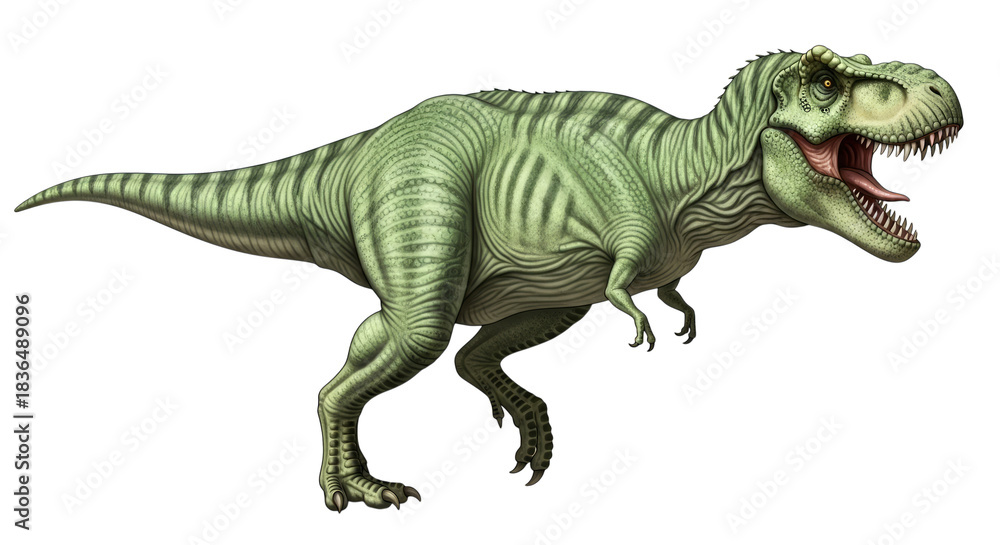 Obraz premium Illustration of a large green tyrannosaurus rex with stripes on body on transparent background