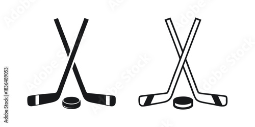 Hockey Stick Flat Icon On White Background.hockey sticks and puck vector icon set in black color.Vector art of a collection of hockey stick and puck icons isolated on white background

