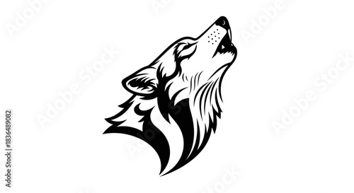 Black and white wolf head silhouette howling isolated on white background
