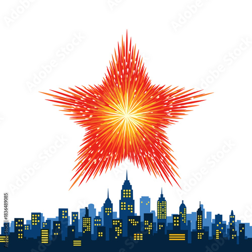 Fireworks exploding over city skyline at night with bright star  