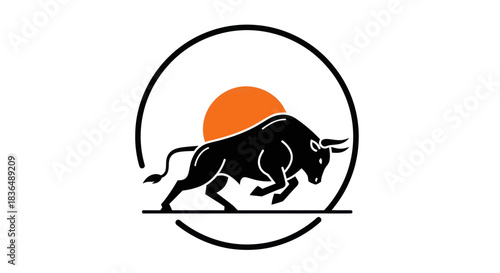 Black bull silhouette in circle with orange sun symbol design