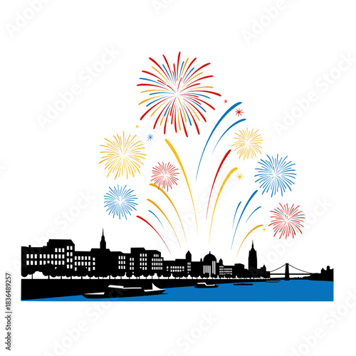 Fireworks exploding over city skyline at night with river view  