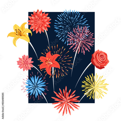 Abstract fireworks shaped like flowers blooming in the night sky  