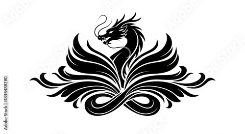 Black dragon silhouette design with ornamental elements on white background