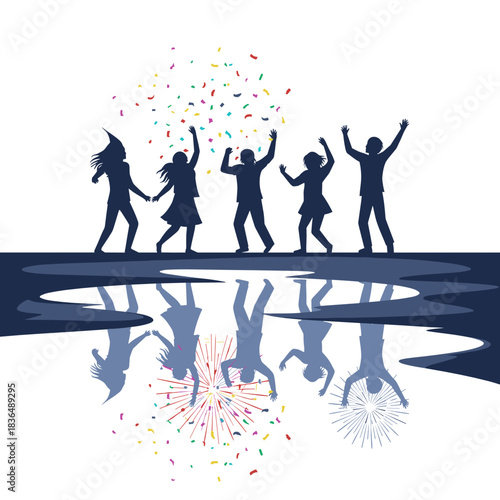 Group of people celebrating with fireworks reflection in puddle  