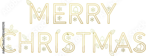 Elegant golden merry christmas text with snowflakes and bells on a green background