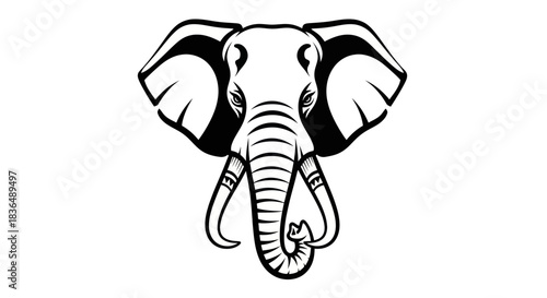 Bold black and white elephant head illustration design on clean white background