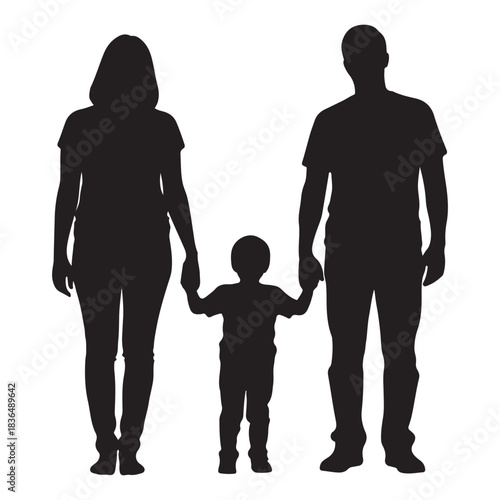 Silhouette of a family with parents holding hands with their child mother father
