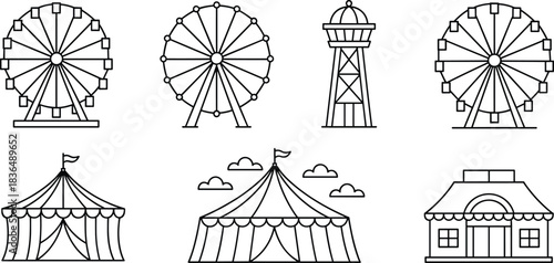 Amusement park icons, black line vector set, Ferris wheel, circus tent, observation tower, editable fairground graphics, minimal entertainment architecture design elements