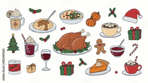 Festive Christmas Dinner and Drinks Illustration.