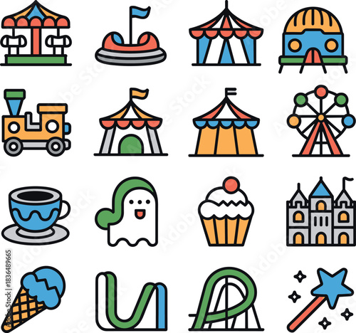 Amusement park and carnival icons, colorful vector set, entertainment and ride symbols, circus tent graphics, fairground treats, editable cartoon-style design elements