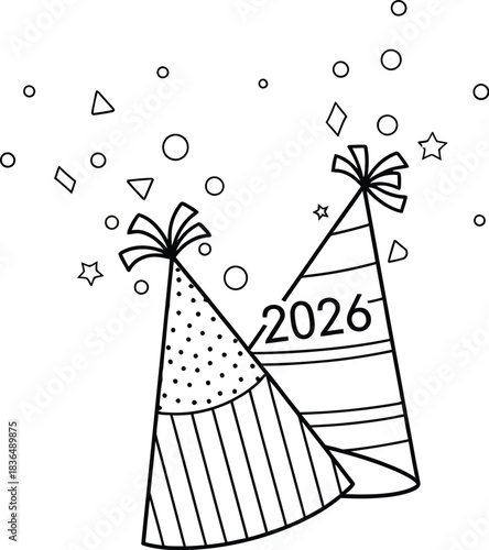 Two festive party hats with 2026 and confetti on a white background design