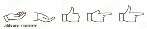 Hand line icon set with various poses and gestures. Includes holding, pointing, showing, like, thumbs-up, and multiple hand views. Simple clean outline style, perfect for UI, symbols.