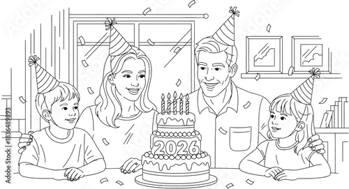 Family celebrating new year 2026 with cake and party hats in black and white