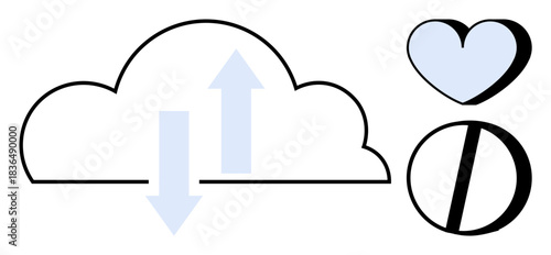 Cloud storage, healthcare, digital data, medication management, online services, connectivity. A cloud with arrows, a heart and a pill. Cloud storage and healthcare concepts