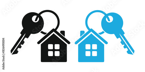 Fresh house keys with house shaped key chain offers a new beginning, vector property and real estate purchase icons.

