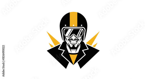 Bold motorcycle rider icon with helmet and goggles against white background