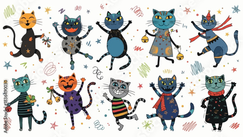 Festive Feline Friends - A Whimsical Collection of Cartoon Cats.