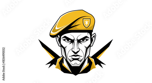 Bold portrait of a focused individual in a beret with crossed elements