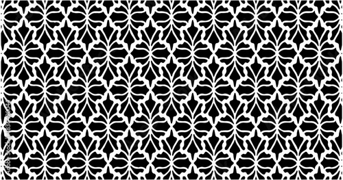 Black and white ornamental seamless pattern with interwoven curved shapes creating a bold repetitive decorative design.