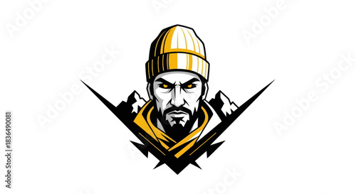 Bold portrait of a man with a yellow beanie and mountain design