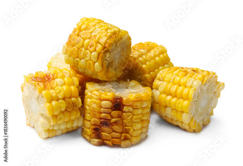 Foto Pieces of grilled corn cobs isolated on white
