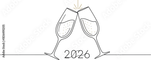 Two champagne glasses toasting for new year 2026 in a minimalist line art
