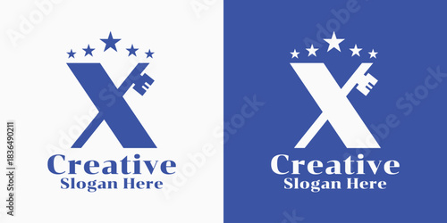 Creative letter X logo design with key and star elements for real estate or security branding vector illustration