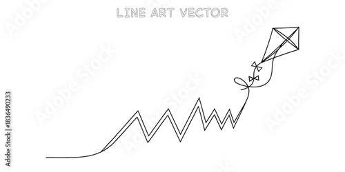 Continuous one line drawing of kite flying with string forming a growth graph representing rising potential and freedom