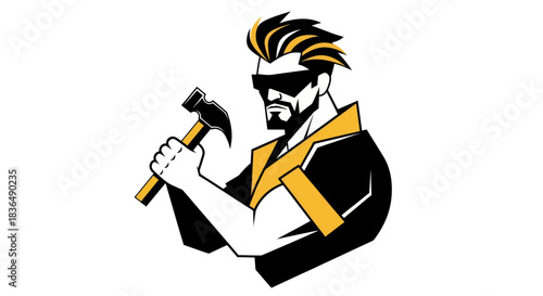 Bold silhouette of a man with hammer isolated on white background