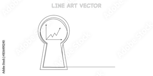 Continuous one line drawing of keyhole with growth graph inside representing access to financial success and secrets