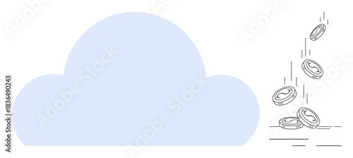Cloud storage, technology solutions, financial savings, data security, digital economy, future investments. Large cloud shape and falling coins. Cloud storage and financial savings concept