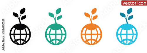 Promote ecological balance with sprouting globe icons set,global environment icon set. environmentally friendly and eco symbols. sprout with leaves and earth globe.
