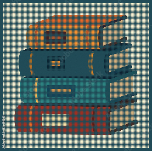 Retro Halftone Stipple Art of Stacked Books Colorful Geometric Dot Matrix Design Education Reading Literature Symbol Pixel Style Mosaic Illustration for Library Poster