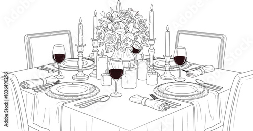 Elegant dinner table setting with wine glasses candles and floral centerpiece